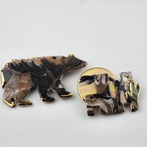 Vintage Ceramic Artisan Brooch Lot Bear Adobe House Cactus‎ Moon Gold Trim